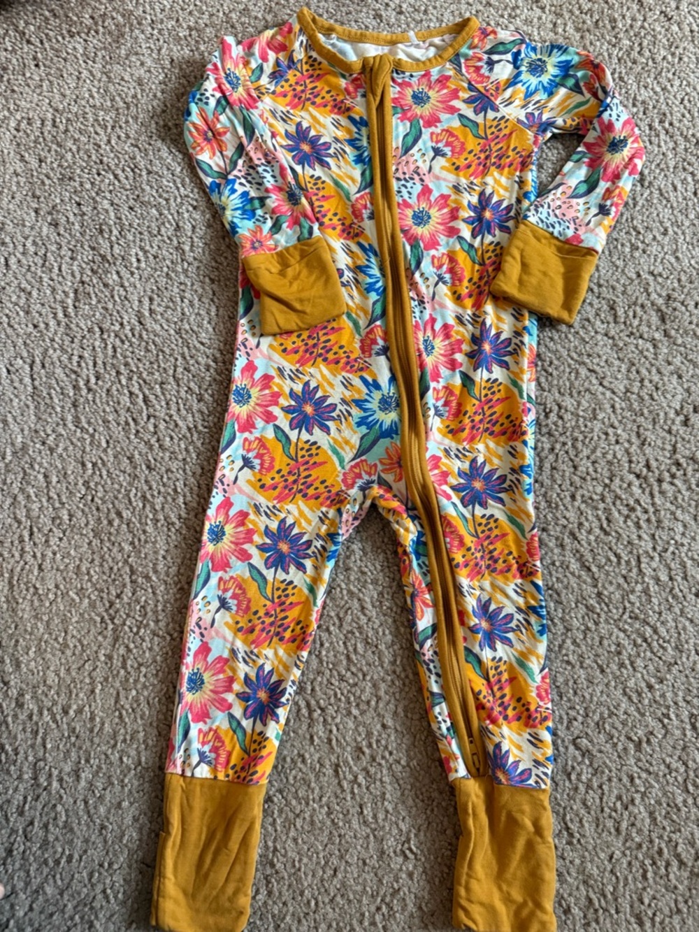 Bright Floral Kids One-Piece Footie with Mustard Trim